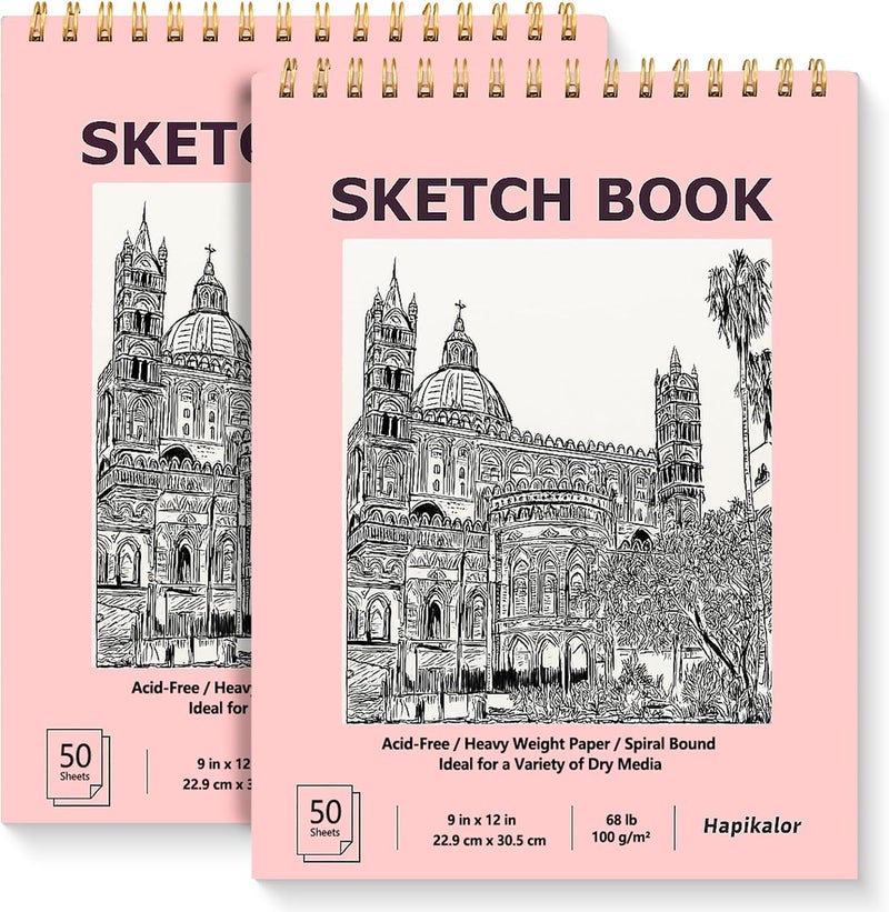 Hapikalor 9" x 12" Sketch Book, 2-Pack 50 Sheets Spiral Bound Art Sketchbook, Acid Free Artist Drawing Book Paper, Art Supplies for Kids, Craft Activities, Sketch Paper for Drawing Coloring Sketching(Pink) - Image 1